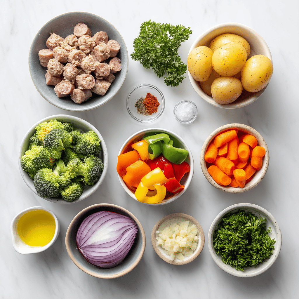 Ingredients for Family-Friendly Sheet Pan Sausage and Harvest Veggies