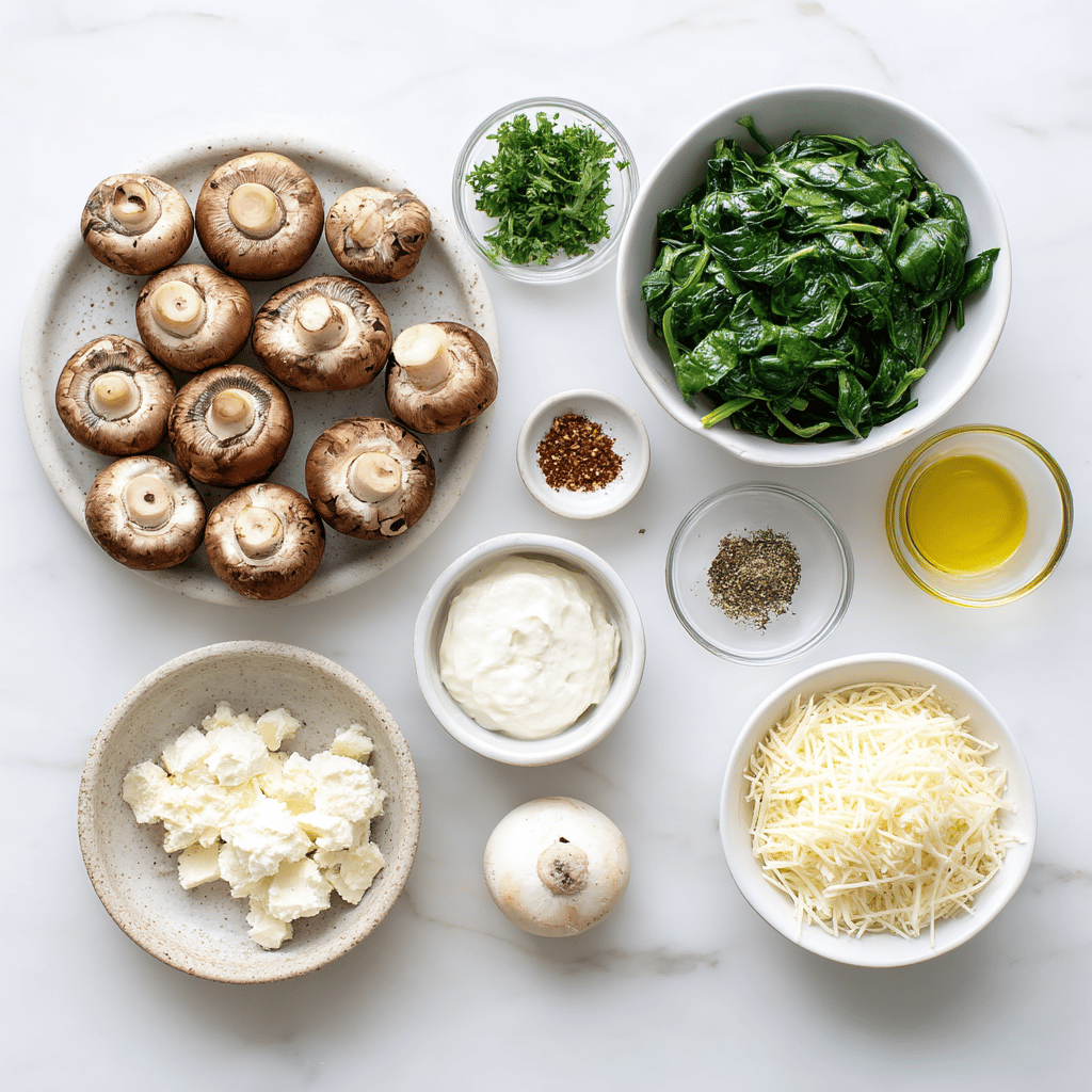 Ingredients for Healthy Twist on Cheesy Spinach Dip Stuffed Mushrooms