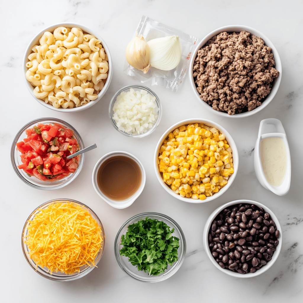 Ingredients for Quick & Comforting Skillet Cheesy Taco Macaroni